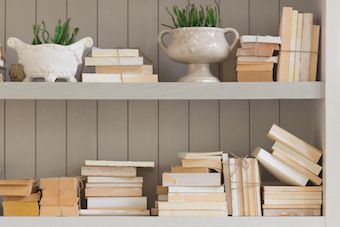 bookshelf with decorative objects and books