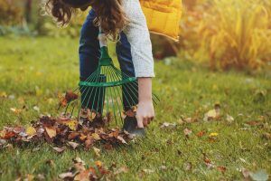 lady raking up leaves for her Kelowna homes for sale 