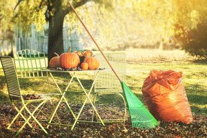 small patio table with pumpkins, leaves and a rake