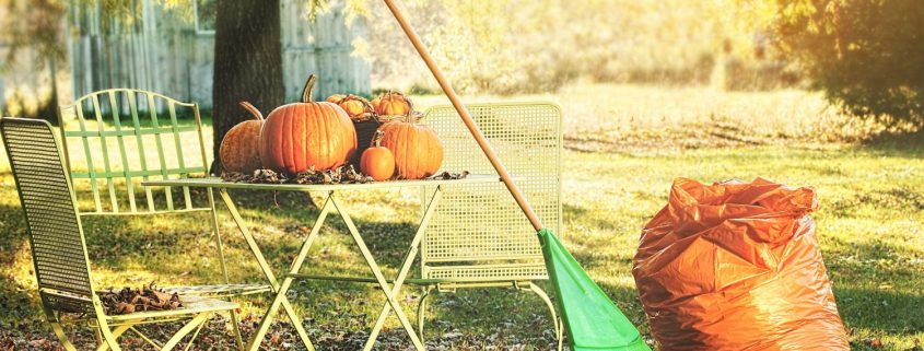 small patio table with pumpkins, leaves and a rake