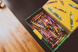 box of crayons on table of Okanagan home