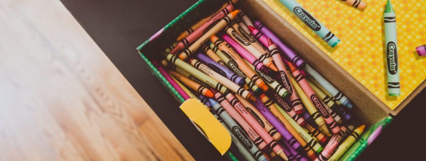 box of crayons on table of Okanagan home
